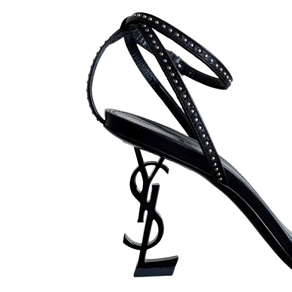 Saint Laurent Opyum 85 YSL Logo Open-Toe Heels Black Leather Tiny Studs SZ 39.5